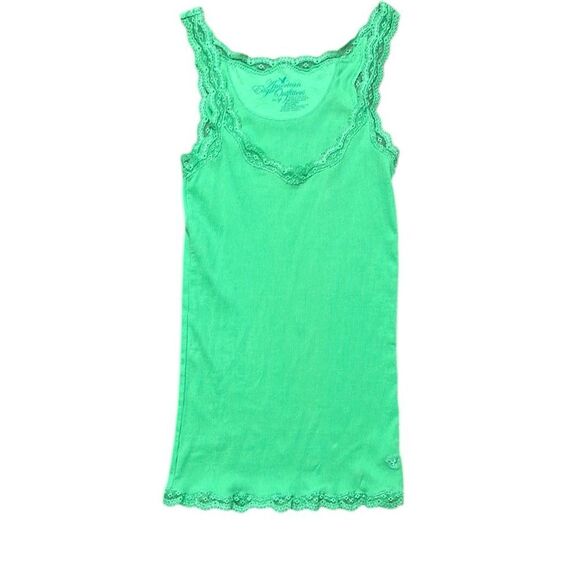 Y2K Vintage Tank Top Woman's XS American Eagle Green Lace Trim Eagle Logo Ribbed - Picture 1 of 10